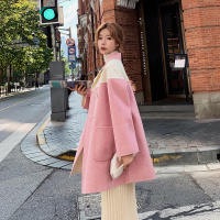 【秀衣记】2019新款大衣女中长款时尚修身拼色毛呢外套大衣