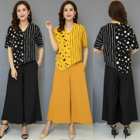 【COMEACROSS】2019年夏季新款休闲气质套装棉印花短袖阔腿裤两件套大码女装裙裤