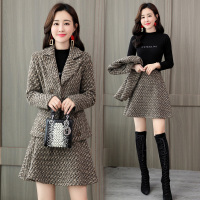 【COMEACROSS】2019冬季新款韩版气质两件套套装优雅格子毛呢外套时尚百搭半身裙
