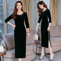 【COMEACROSS】百搭潮流连衣裙2019年秋季简约个性时尚圆领纯色长袖显瘦修身