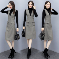 【COMEACROSS】修身名媛毛呢拉毛背心裙配长袖打底针织衫女人减龄必备两件套