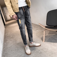 【秀衣记】秋冬牛仔裤男弹力修身韩版潮流字母印花ins社会店主风