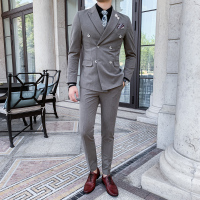 【秀衣记】秋冬型男纯色修身西服套装韩版双排扣西装三件套