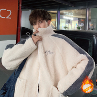 【秀衣记】2019港风新款大码撞色刺绣羊羔绒棉衣白色