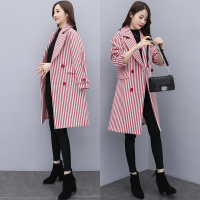 【COMEACROSS】毛呢外套羊毛条纹西装领双排扣2019冬季长袖中长款修身呢大衣