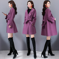 【COMEACROSS】蝴蝶结潮流拼接气质时尚休闲纯色中长款开衫毛呢外套2019年冬季