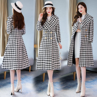 【COMEACROSS】冬季千鸟格亮丝双排扣系带西装领修身长款毛呢外套长袖