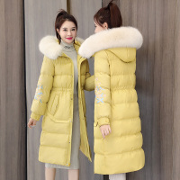 【COMEACROSS】中国风腰间抽绳重工刺绣连帽羽绒棉长款棉衣配高仿环保大毛领