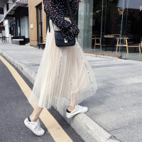 【秀衣记】2019新款冬季蕾丝半身裙休闲时潮流手工订珠片纱网高腰百搭裙子