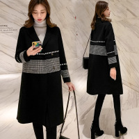 【COMEACROSS】黑色大衣双排扣千鸟格接接中长款毛呢外套女显瘦大码
