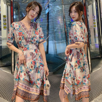 【秀衣记】复古民族风印花连衣裙女2020新款夏季收腰气质流行裙子