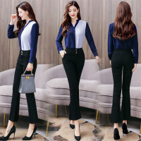 【COMEACROSS】2020春秋装拼色潮流时尚气质休闲长袖微喇裤九分裤套装