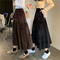 【秀衣记】2020新款韩版百搭松紧腰丝绒双口袋大摆长裙