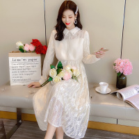 【秀衣记】2020新款气质毛绒拼接Polo领蕾丝连衣裙女中长款A字裙