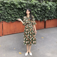 【秀衣记】2020夏季新款韩版短袖花朵印花连衣裙收腰显瘦大摆裙子学生女装潮