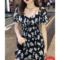 【秀衣记】周小熊碎花裙女雪纺v领碎花连衣裙复古夏泡泡袖修身显瘦法式短裙