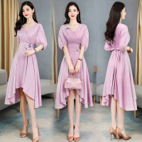 【COMEACROSS】2020年夏季时尚泡泡袖纯色收腰显瘦V领不规则连衣长裙