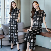 【COMEACROSS】时尚印花2020年夏季百搭短袖收腰潮流套头修身套装/套裙