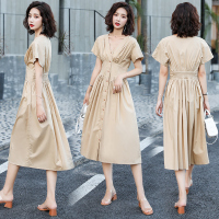 【COMEACROSS】优雅时尚潮流连衣裙中长款2020年夏季V领高腰套头