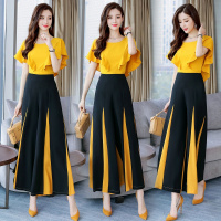 【COMEACROSS】拼接气质休闲时尚纯色套装/套裙2020年夏季阔腿裤开叉