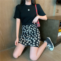 【秀衣记】网红菊花刺绣针织两件套短袖T恤+小雏菊包臀A字短裙套装