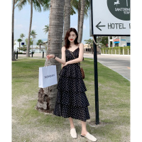 【秀衣记】2020春夏超美ins网红泰国度假波点吊带雪纺蛋糕连衣裙长裙