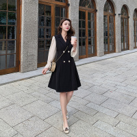 【秀衣记】2020春装新款韩版女装法式小黑裙子双排扣长袖连衣裙