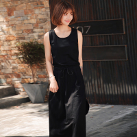 【秀衣记】夏季新款人棉系带黑色无袖连衣裙通勤韩版单件中长款2020年夏季