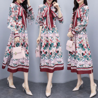 【COMEACROSS】长袖碎花连衣裙女超仙气质2020年春装新款显瘦复古过膝雪纺长裙