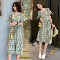 【秀衣记】复古文艺2020夏新款方领格子连衣裙蝴蝶结裙收腰古着风