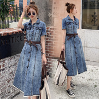 【秀衣记】连衣裙2020年春季纯色宽松时尚潮短袖袖流单排多扣中长款牛仔裙