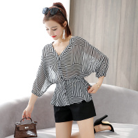 【COMEACROSS】2020夏季新款条纹雪纺衫收腰显瘦女士上衣V领小衫