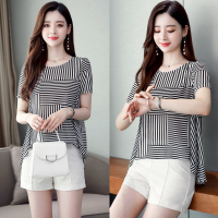【COMEACROSS】条纹雪纺衫女2020夏装新款韩版宽松时尚圆领前短后长遮肚短袖上衣