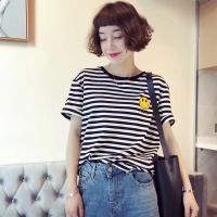【秀衣记】欧货打底衫欧洲站黑白条纹T恤女笑脸图案潮2020年新款上衣