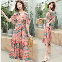 【COMEACROSS】夏装2020新款女气质显瘦法式高腰V领复古超仙碎花连衣裙