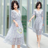 【COMEACROSS】法式复古翠花连衣裙女2020年夏新款气质收腰显瘦海军领短袖裙子