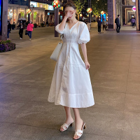 【秀衣记】2020夏季新款benshiwa法式初恋长裙连衣裙本是娃泡泡袖系带白色裙