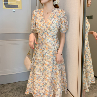 【秀衣记】2020夏装新款女油画裙V领雪纺小雏菊法式碎花连衣裙女夏长裙