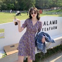 【秀衣记】2020夏款法式浪漫紫色V领绑带短袖雪纺小个子连衣裙