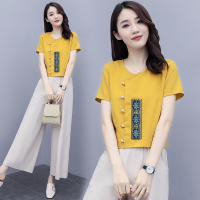 【COMEACROSS】棉麻2020套装刺绣夏装阔腿裤两件百搭时尚休闲文艺珠子短袖名族风