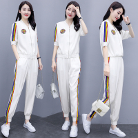 【COMEACROSS】钉珠棒球服外套+撞色彩条纹束脚裤套装女休闲时尚两件套潮