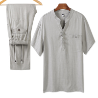 【COMEACROSS】2020新款夏季男装中国风中老年棉麻套装短袖T恤棉麻亚麻长裤
