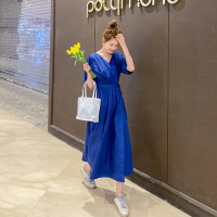 【秀衣记】2020女装新款仙女裙法式收腰长裙子一片式显瘦蓝色连衣裙