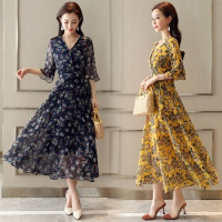 【COMEACROSS】2020夏季连衣裙雪纺花色V领中腰喇叭袖单件大摆型短袖