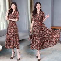 【COMEACROSS】2020夏装新款印花雪纺中长款性感V领气质修身显瘦连衣裙女碎花裙