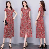 【COMEACROSS】夏季新款2020花色短袖潮流气质名媛连衣裙中长裙