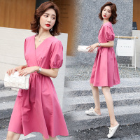 【秀衣记】连衣裙女2020新款夏季连衣裙女泡泡袖V领孔雀蓝中长裙收腰显瘦