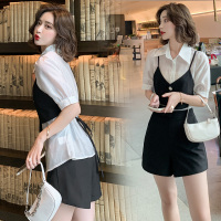 【秀衣记】2020夏季洋气通勤ol气质假三件套拼接衬衫高腰显瘦短裤女时尚套装