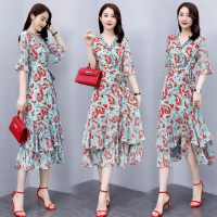 【COMEACROSS】2020夏季新款V领钉珠淑女收腰花色长款气质时尚韩版潮流连衣裙