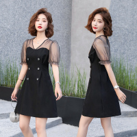 【外滩之韵】（6641）夏装新款黑色网纱双排扣连衣裙